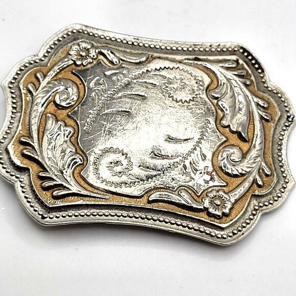 Vintage Floral Silver Western Rodeo Belt Buckle w/ shooting stars engrave~3.5" - Picture 1 of 4